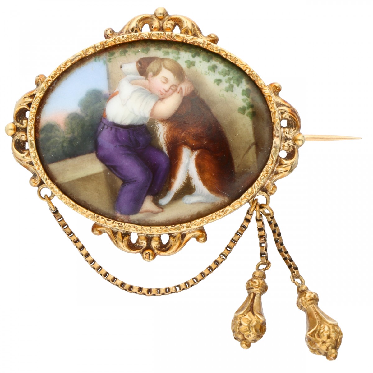 Antieke geelgouden broche in Franse stijl met beschildering - 14 kt.