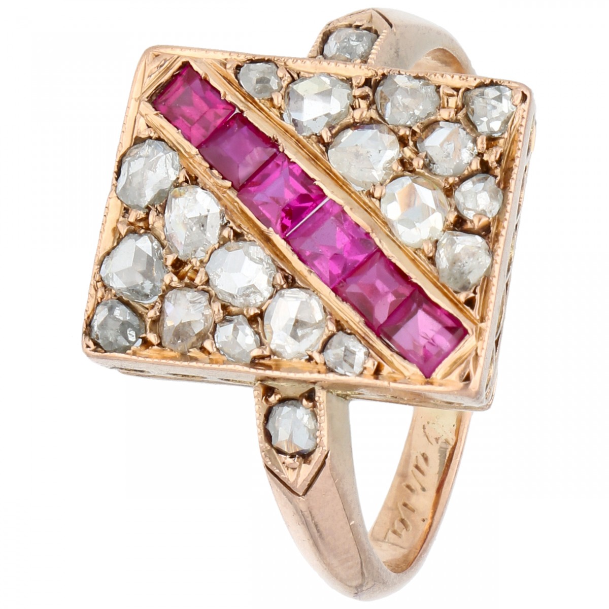 Roségouden ring bezet met 20 roos geslepen diamanten en ca. 0.42 ct. synthetische robijn - 14 kt.