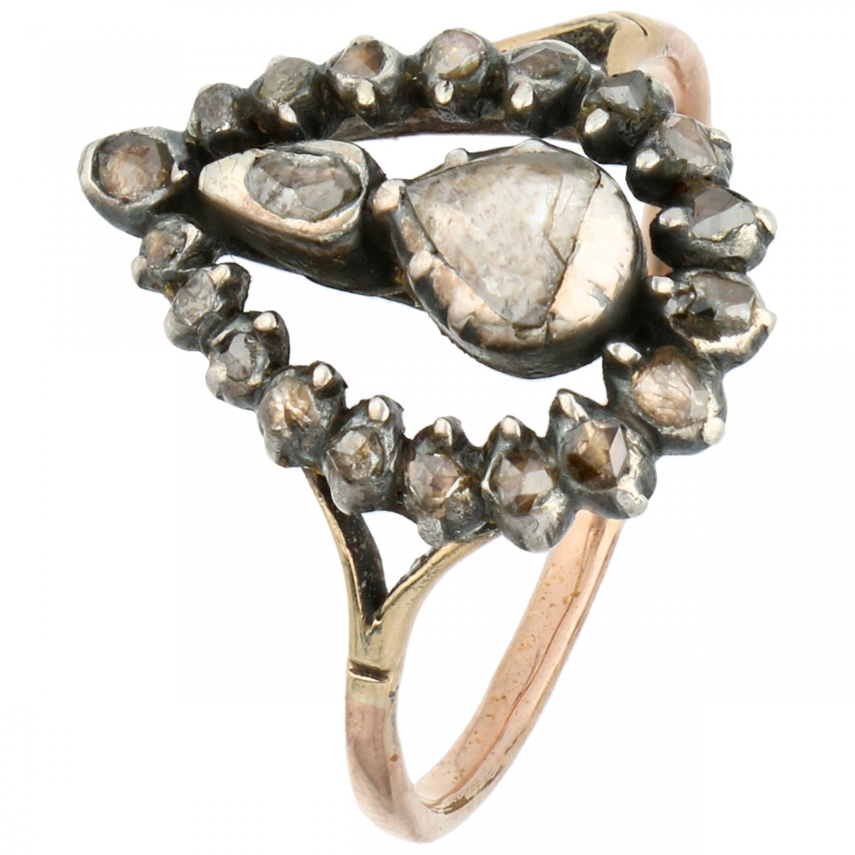 Rosegouden ring bezet met 22 diamanten in een peervormige zetting - 14 kt. en 925/1000.