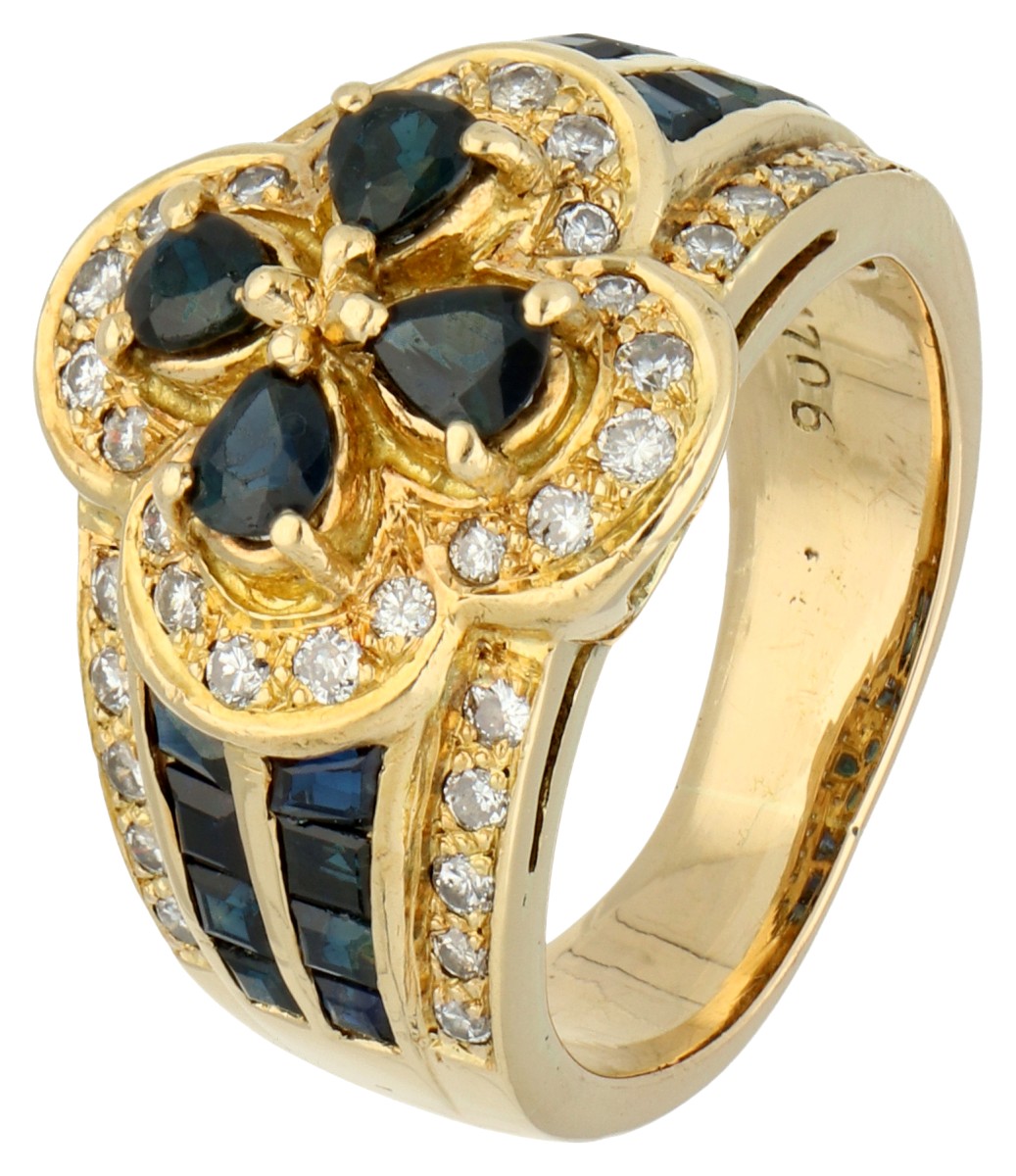 No Reserve - 18K Geelgouden ring bezet met ca. 0.40 ct. diamant en synthetische saffier.