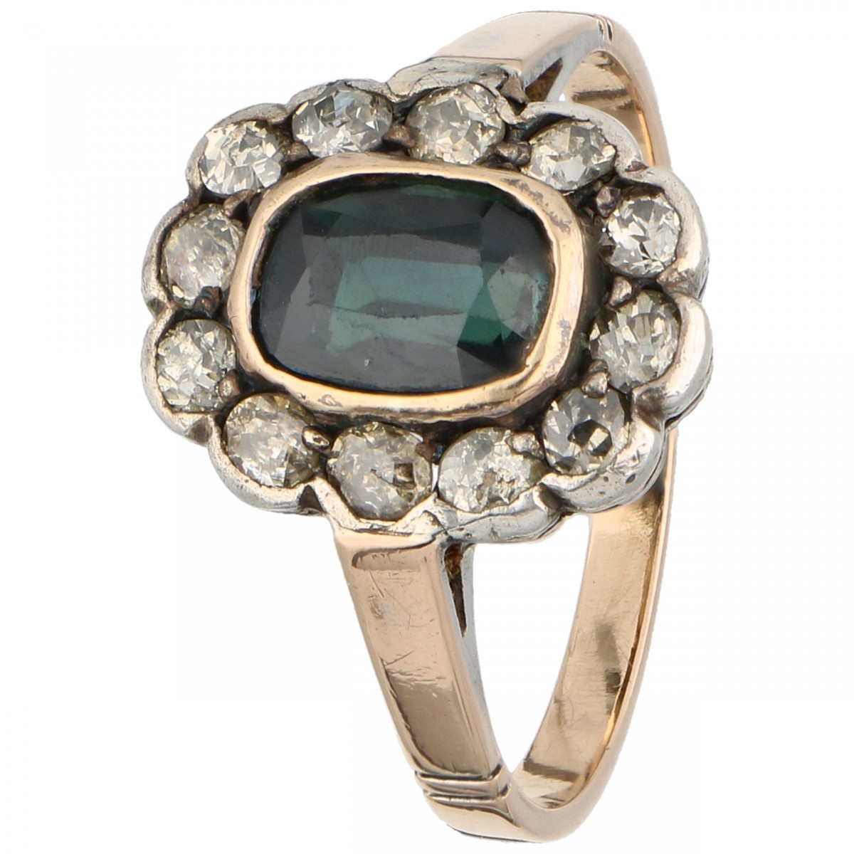 Roségouden rozet ring bezet met ca. 0.36 ct. diamant en ca. 1.37 ct. saffier - 18 kt.