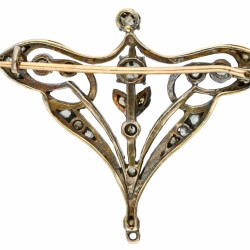 Gouden / zilveren Art Nouveau-broche bezet met 23 diamanten - 14 kt. en 925/1000.