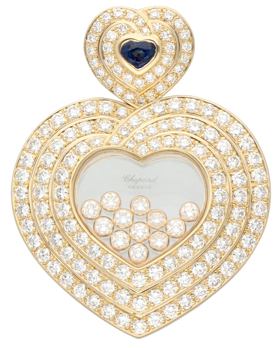 No Reserve - Chopard 18K geelgouden 'Happy Diamond Heart' hanger bezet met ca. 3.87 ct. diamant en saffier.