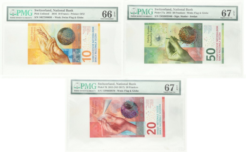 Switzerland. 10/20/50 Francs. Banknotes. Type 2015-2017. - PMG 66EPQ/67 EPQ.