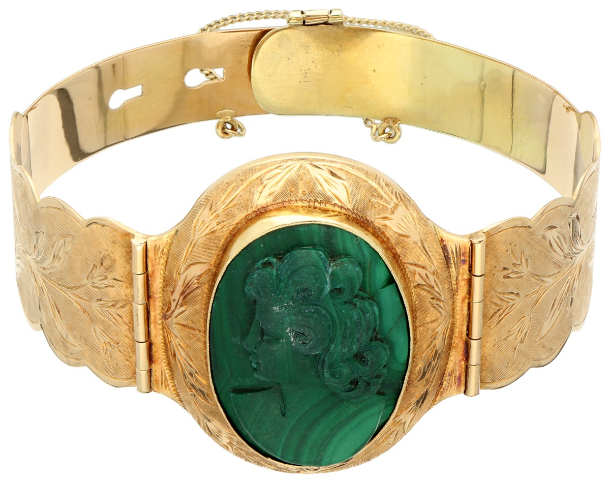 No Reserve - 14K Geelgouden verstelbare bangle armband met gesneden malachiet.