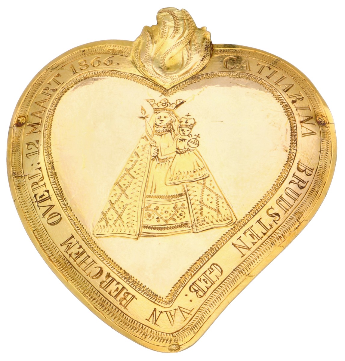No Reserve - 18K Geelgouden antieke herinnerings broche van brandend hart uit 1866.