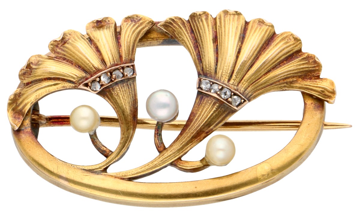 No Reserve - 18K Geelgouden Art Nouveau broche bezet met cultivé parels en roos geslepen diamanten.