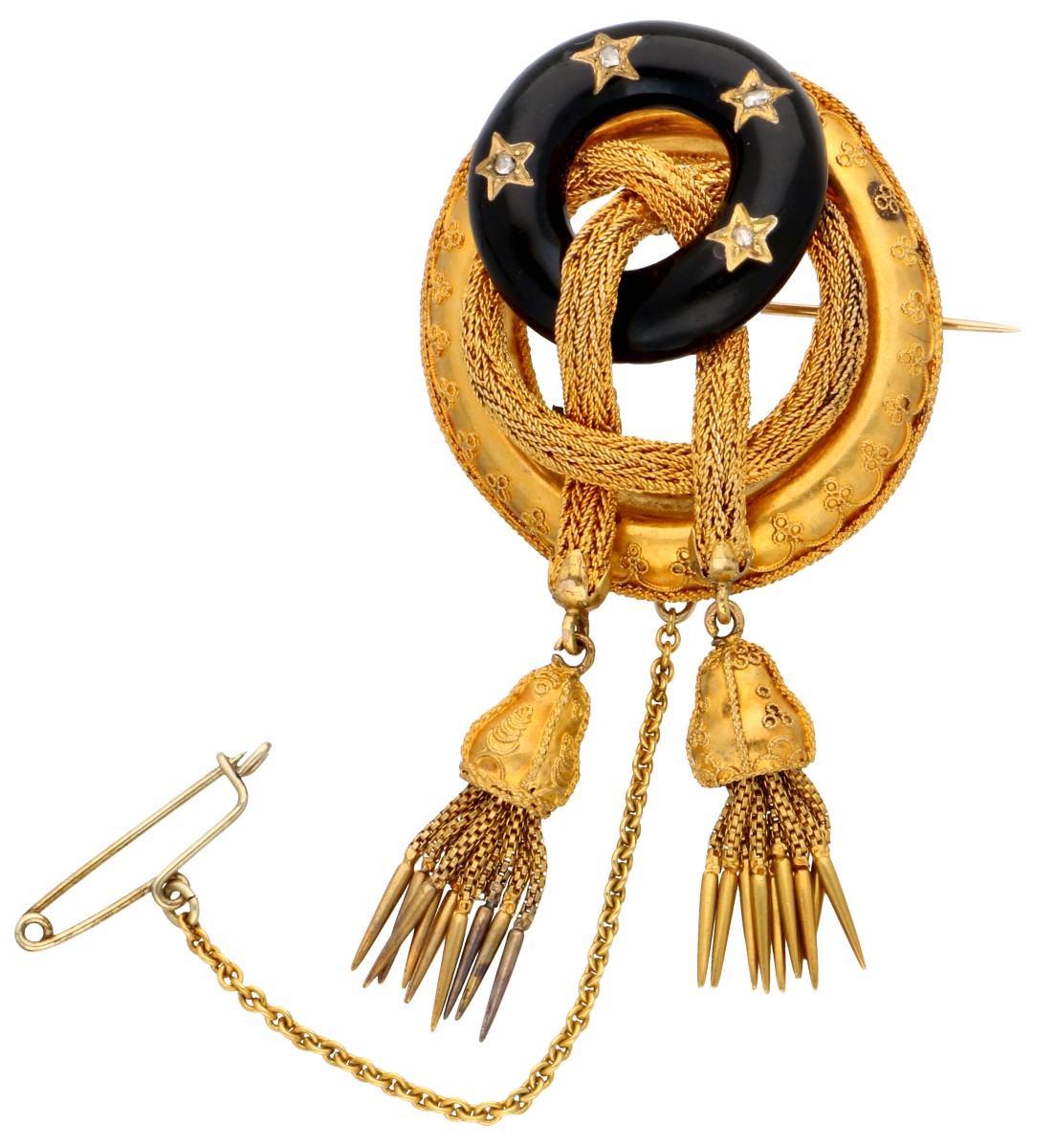 No Reserve - 18K Geelgouden antieke broche met emaille en diamant.