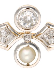 No Reserve - 14K Bicolor gouden art Deco staaf broche bezet met ca. 0.60 ct. diamant en cultivé parel.