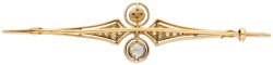 No Reserve - 14K Bicolor gouden art Deco staaf broche bezet met ca. 0.60 ct. diamant en cultivé parel.