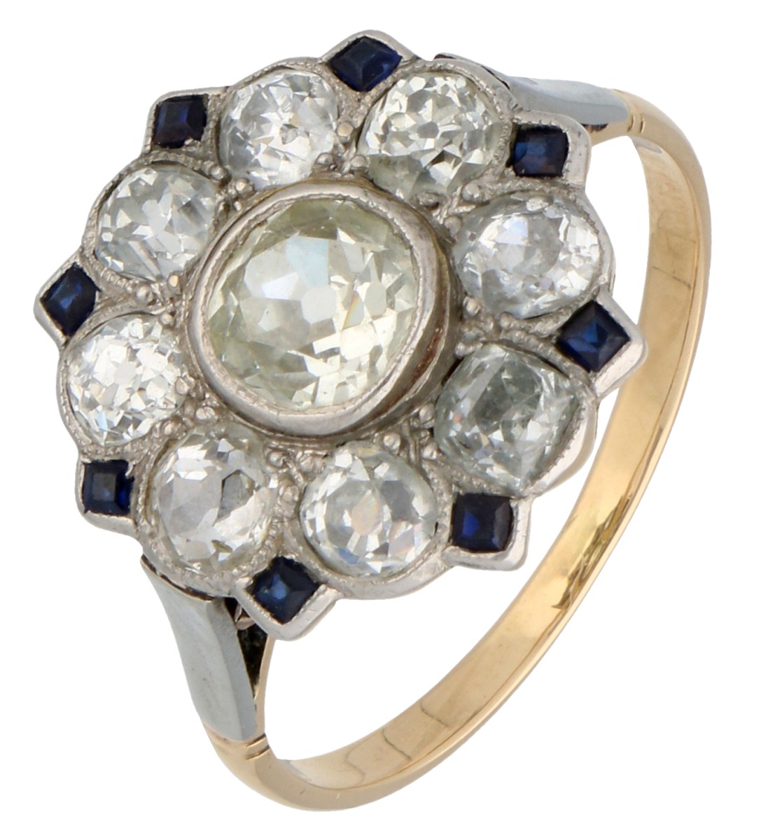 No Reserve - Geelgouden / platina Art Deco ring met ca. 1.36 ct. diamant en synthetische saffieren.