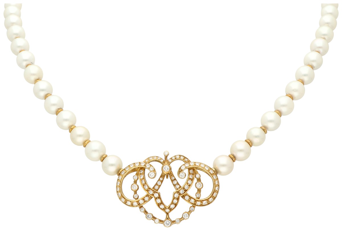 No Reserve - 18K Geelgouden cultivé parel collier bezet met ca. 1 ct. diamant.
