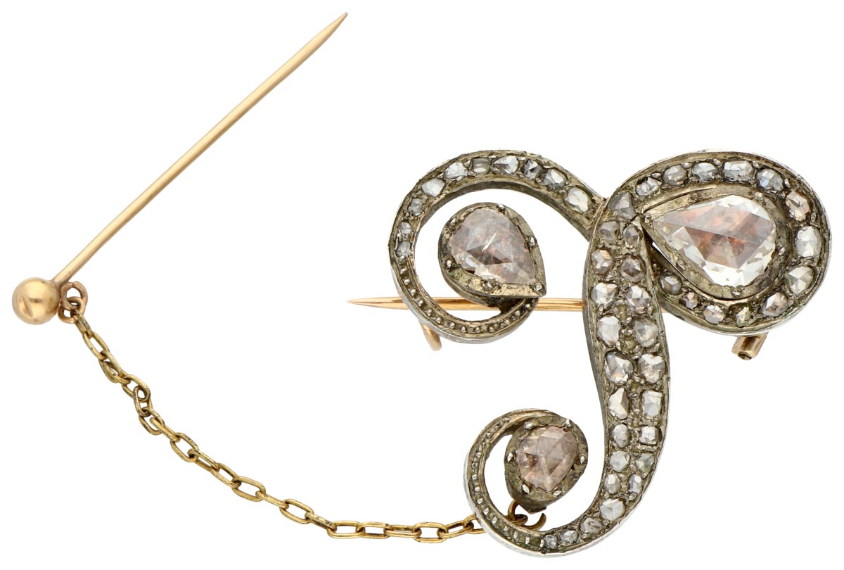 No Reserve - 14K Geelgouden antieke broche met roos geslepen diamant.