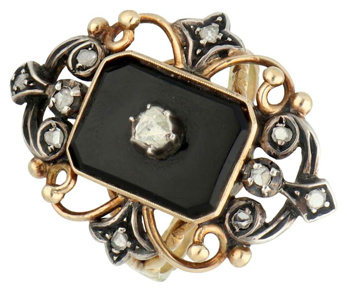 No Reserve - 14K Gouden / zilveren vintage ring met diamant en onyx.