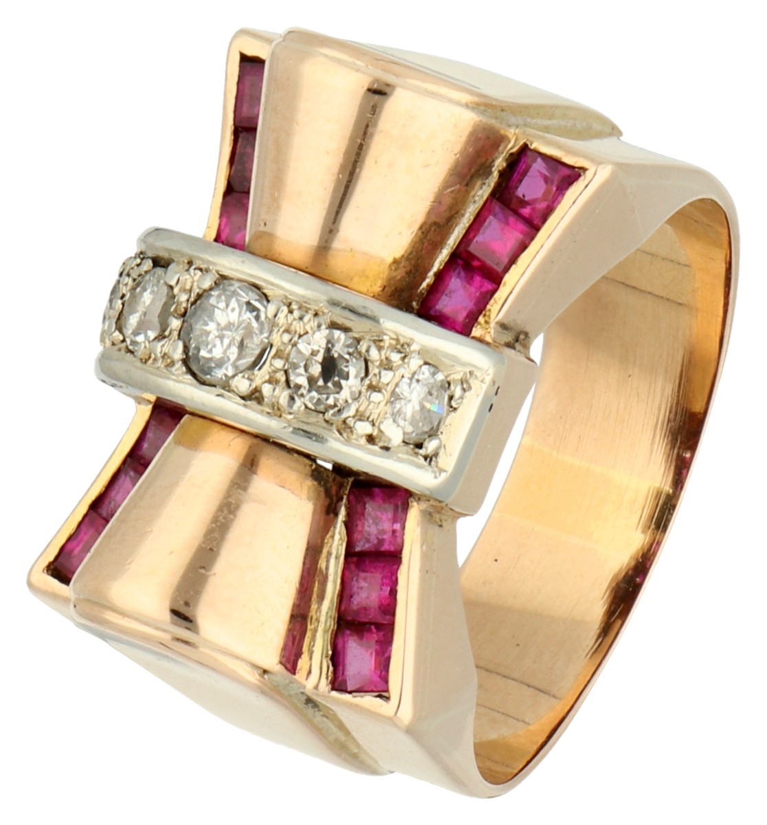 No Reserve - 14K Roségouden vintage tank ring bezet met ca. 0.23 ct. diamant en synthetische robijnen.