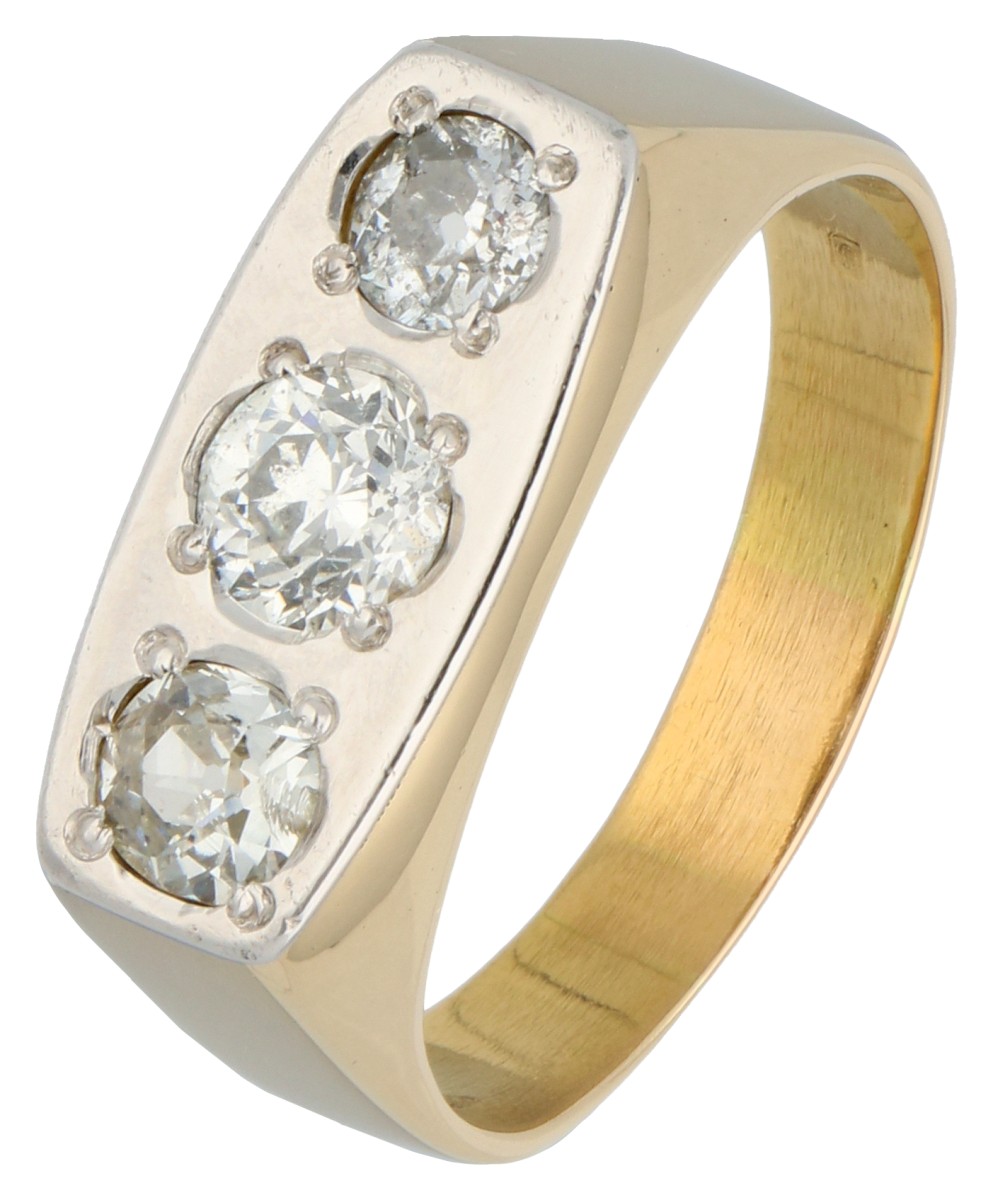 No Reserve - 14K Bicolor gouden drie steens ring bezet met ca. 1.20 ct. oud slijpsel diamant.