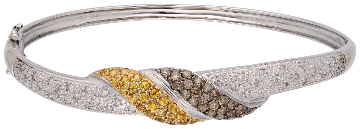 No Reserve - 14K Witgouden bangle armband bezet met gele saffier en ca. 0.68 ct. diamant.
