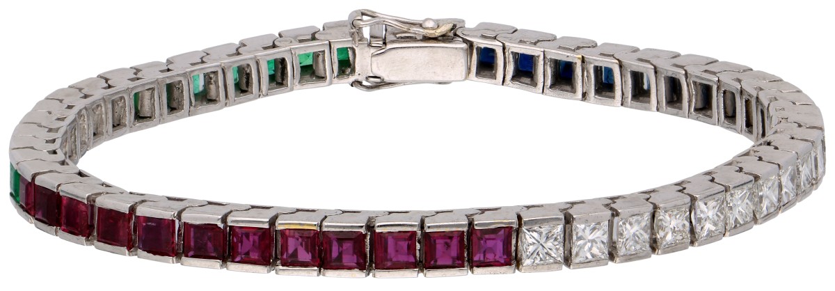 No Reserve - 18k Witgouden armband bezet met diamant, saffier, robijn en smaragd.
