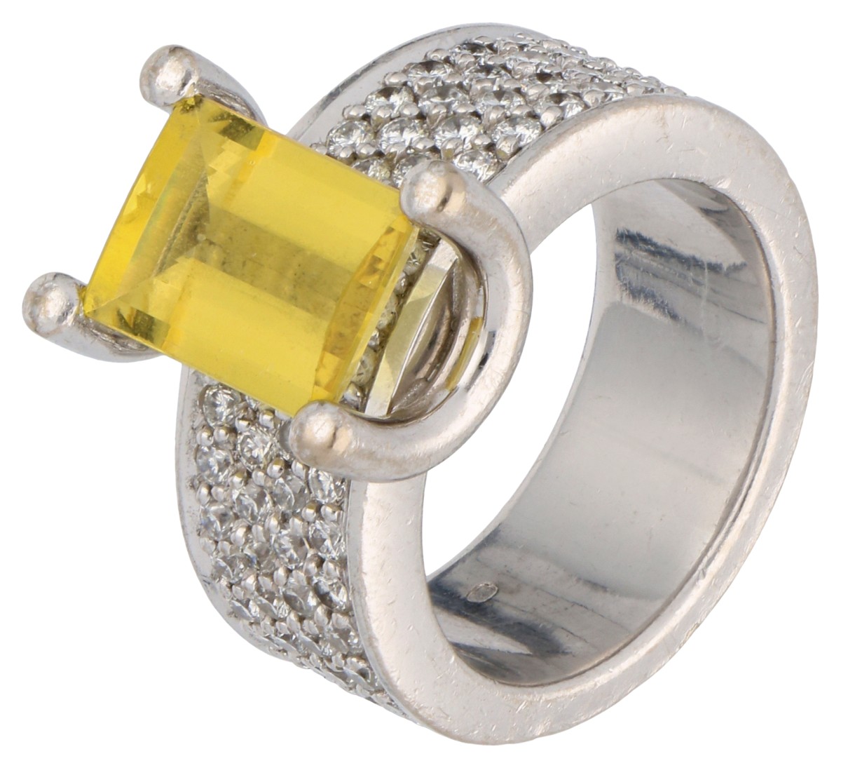 No Reserve - 18K Witgouden ring bezet met heliodoor en ca. 1.36 ct. diamant