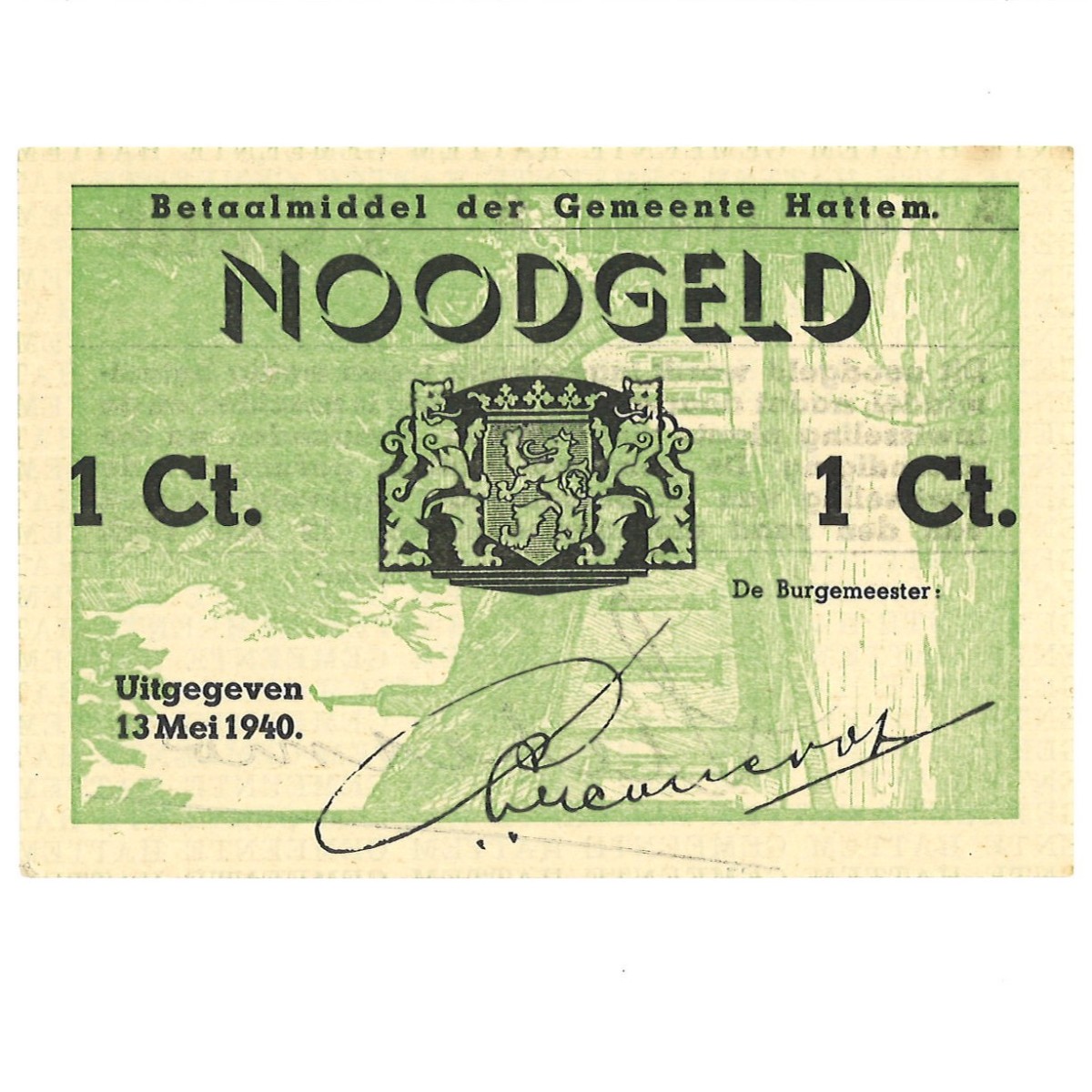 Nederland. 1 cent. Waardebon. Type 1940. Type Hattem. - UNC.