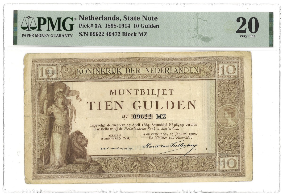 Goudwisselkantoor auction: Nederland. 10 Gulden. Bankbiljet. Type 1902. - PMG 20