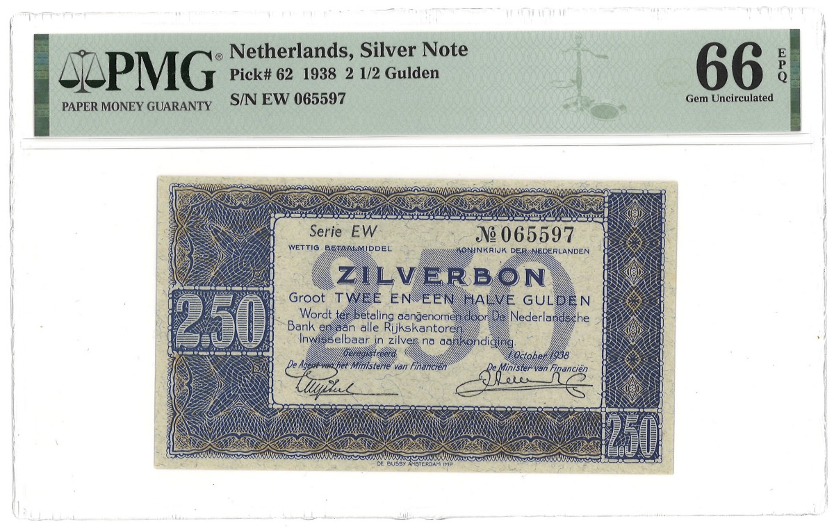 nederland. 2,50 Gulden. ZIlverbon. Type 1938. - PMG 66EPQ