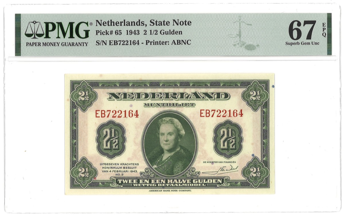 Nederland. 2,50 Gulden. Bankbiljet. Type 1943. - PMG 67EPQ