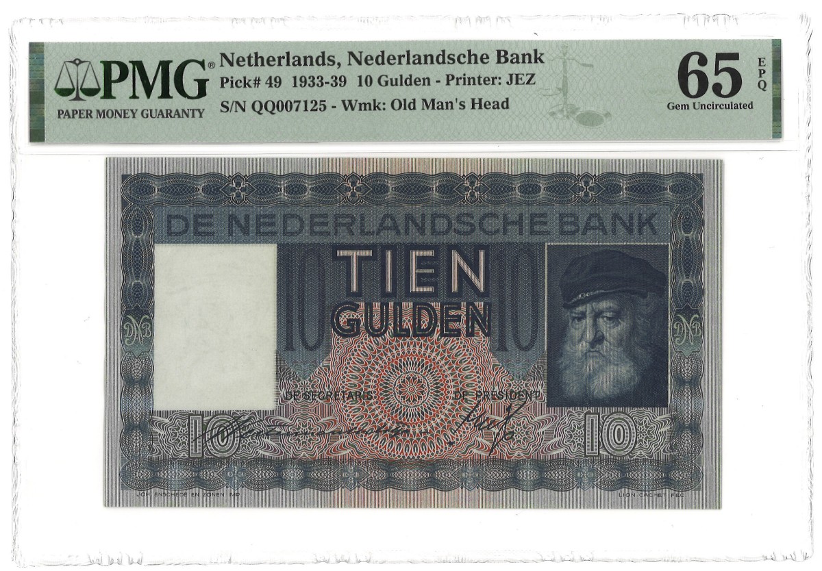 Goudwisselkantoor auction: Nederland. 10 Gulden. Bankbiljet. Type 1938. - PMG 65EPQ