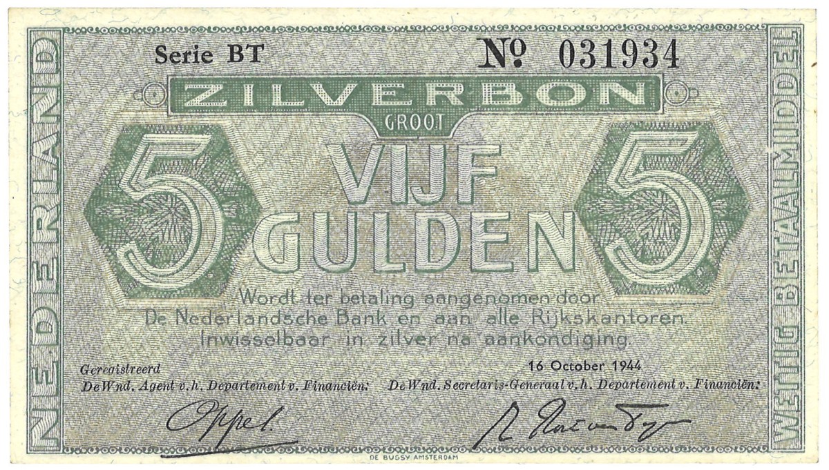 Nederland. 5 Gulden. Zilverbon. Type 1944. - UNC.