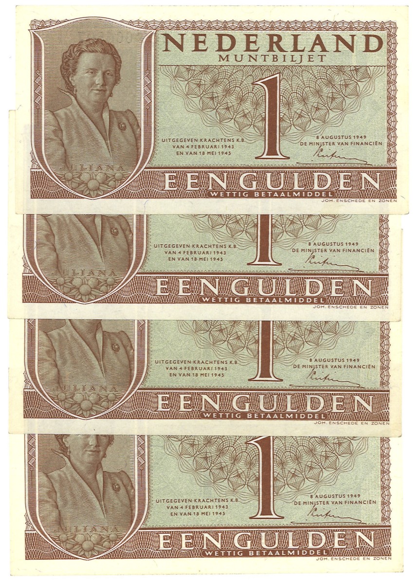 Nederland. lot 4 biljetten. Bankbiljet. Type 1949. - UNC.