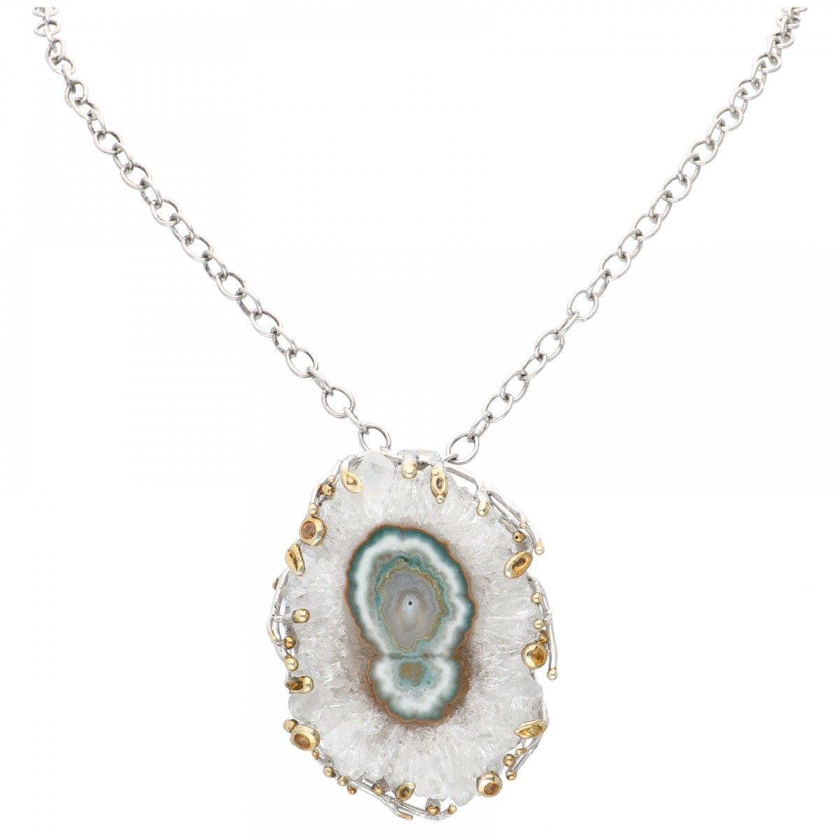 Zilveren collier met hanger bezet met kwartskristal en gele saffier - 925/1000.