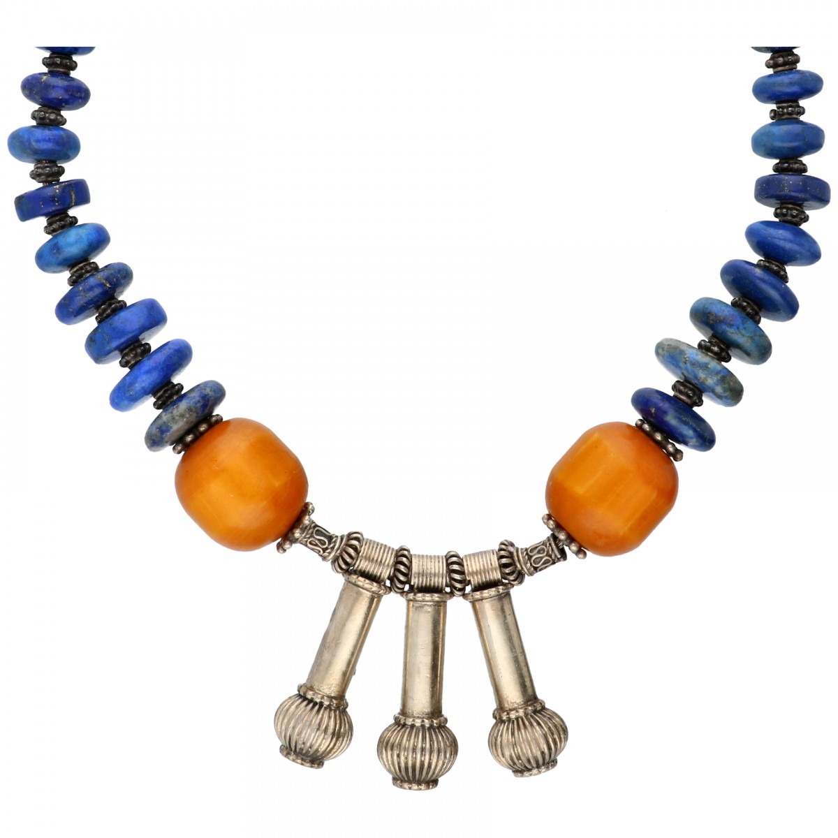 Zilveren vintage collier met lapis lazuli en barnsteen - 835/1000.