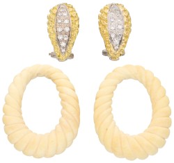 No Reserve - 18K Bicolor gouden multifunctionele oorstekers met diamant en hangers van hoorn