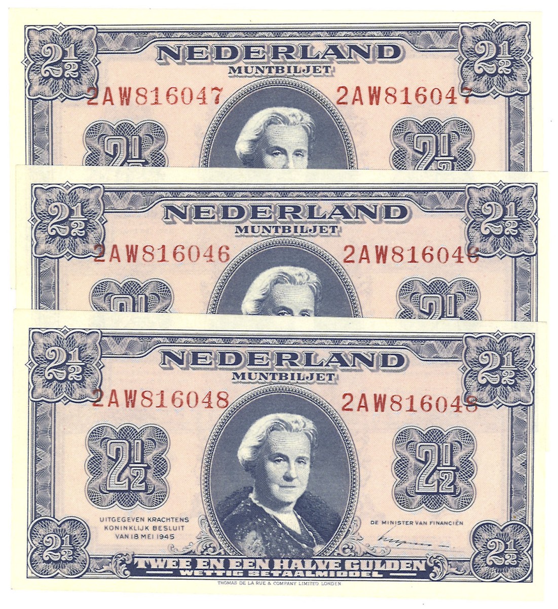 Nederland. 2,50 Gulden. Bankbiljetten. Type 1945. - UNC.
