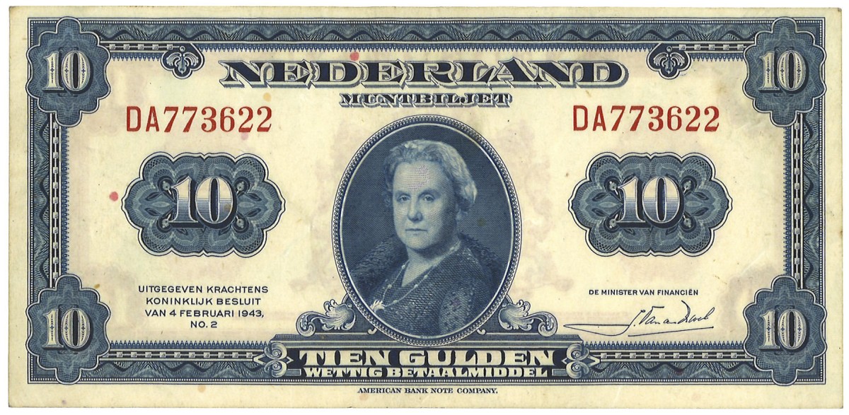 Nederland. 10 Gulden. Bankbiljet. Type 1943. - Prachtig.