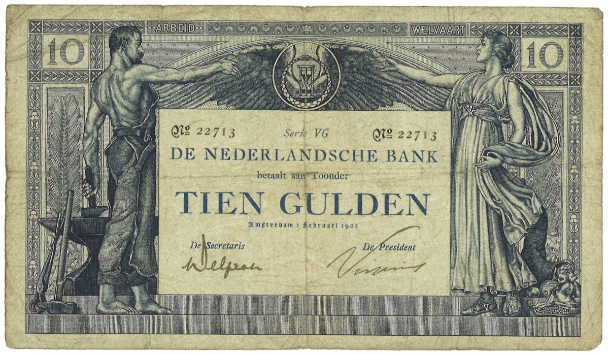 Nederland. 10 Gulden. Bankbiljet. Type 1921. - Zeer Fraai -.