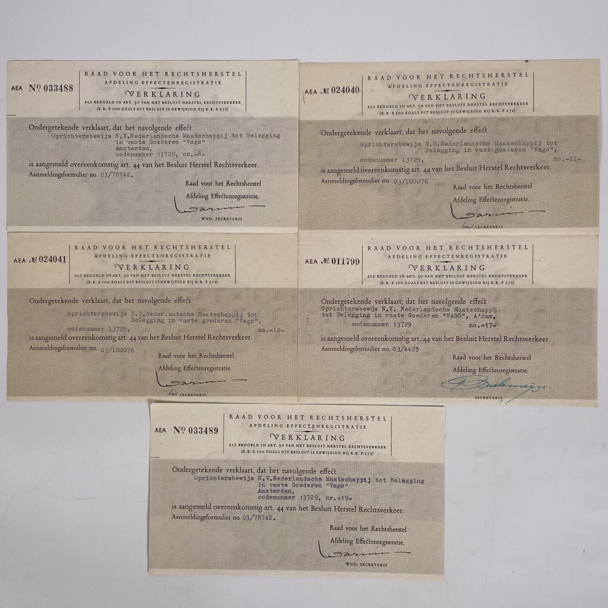 Nederland. lot 5 biljetten. Aandelen. Type ND. - Prachtig.