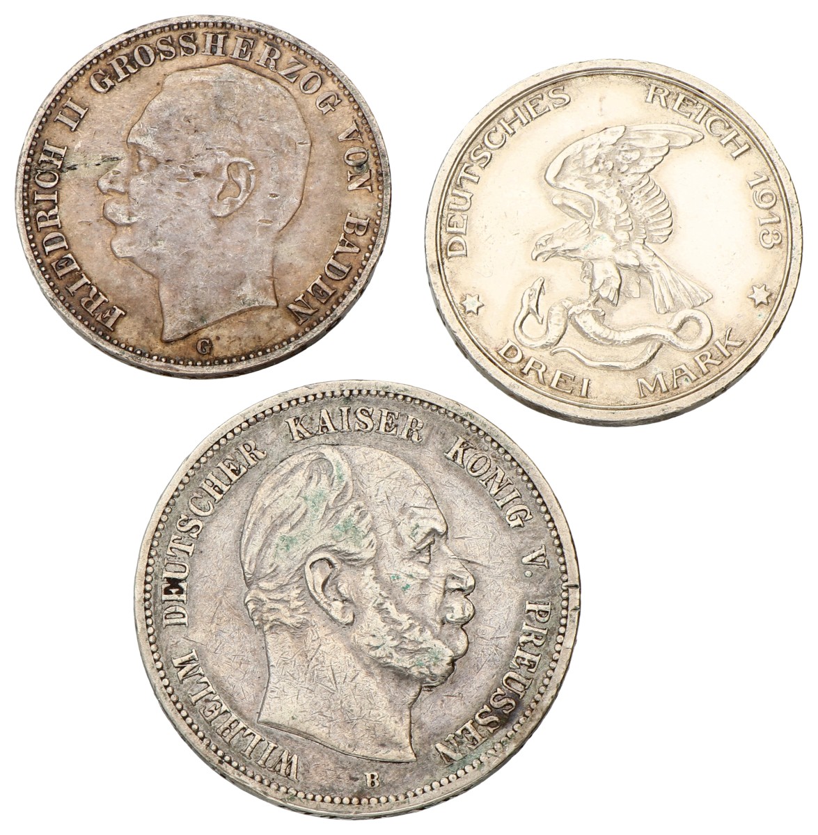 German states. Prussia, Baden. Wilhelm I,II, Friedrich II. Lot (3) 3 Mark, 5 Mark. 1876, 1912, 1913. VF.