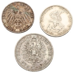 German states. Prussia, Baden. Wilhelm I,II, Friedrich II. Lot (3) 3 Mark, 5 Mark. 1876, 1912, 1913. VF.