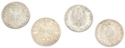 German states/Germany. Württemberg, Bavaria, Hamburg. Lot (4) 2 Mark, 5 Reichsmark. 1876, 1903, 1906, 1933. VF.