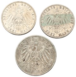 German states. Saxony, Bavaria, Prussia. Frederick August III, Otto, Wilhelm II. Lot (3) 3 Mark, 5 Mark. 1901/09/13. VF / XF.