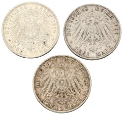 German states. Bavaria, Saxony, Baden. Ludwig III, Friedrich, Friedrich II. Lot (3) 3 Mark. 1914/09/12. VF / XF.