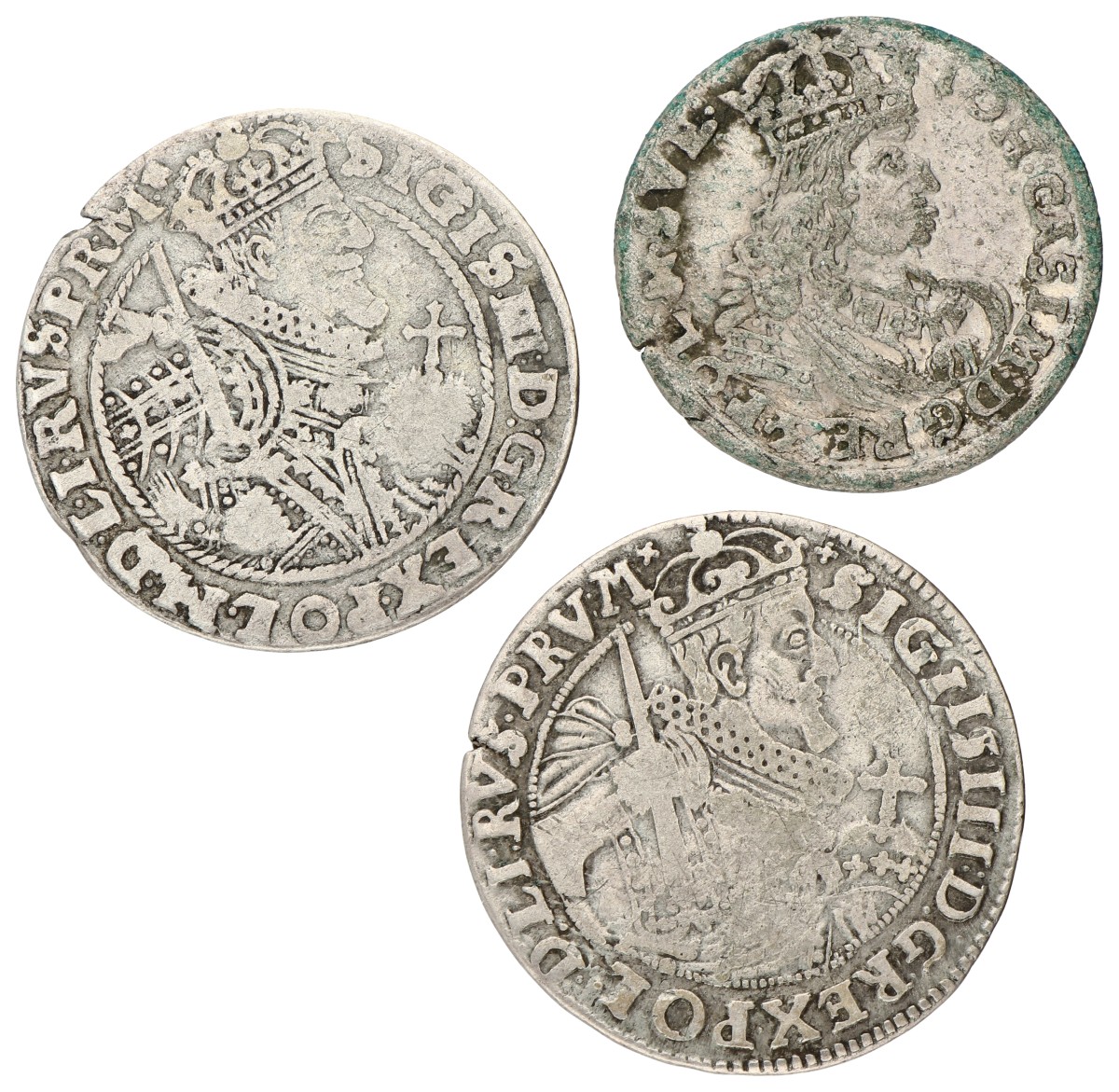 Poland. Sigismund III & Johann Casimir. Lot (3) 1/4 Thaler & 6 Groschen. 1622, 1624 & 1667. F - VF.