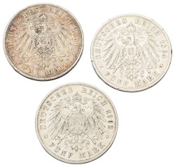 German states. Bavaria. Otto. Lot (3) 5 Mark. 1894/1902/1907. VF.