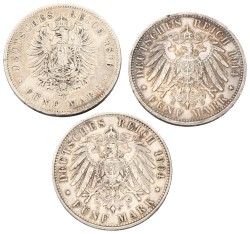 German states. Prussia. Wilhelm I & II. Lot (3) 5 Mark. 1876/1904/1914. VF / XF.