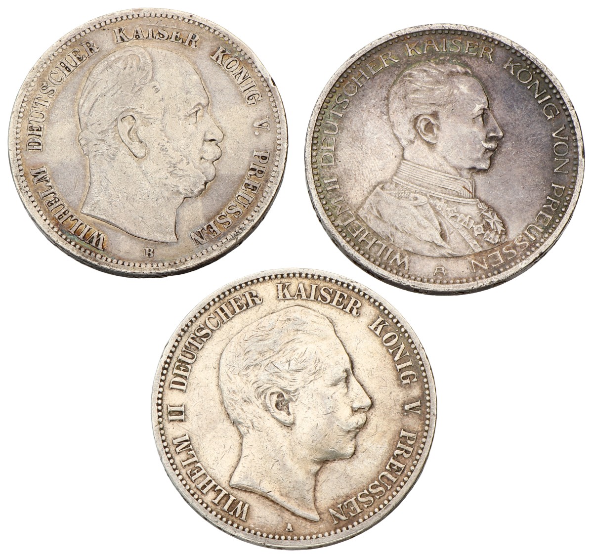 German states. Prussia. Wilhelm I & II. Lot (3) 5 Mark. 1876/1904/1914. VF / XF.