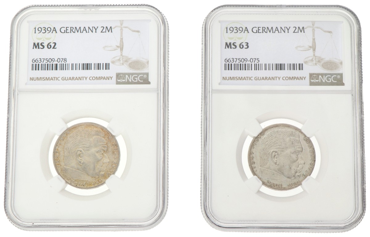 Germany. Third Reich. Paul von Hindenburg. Lot (2) 2 Mark - with Swastika. 1939 A. MS 62/63.