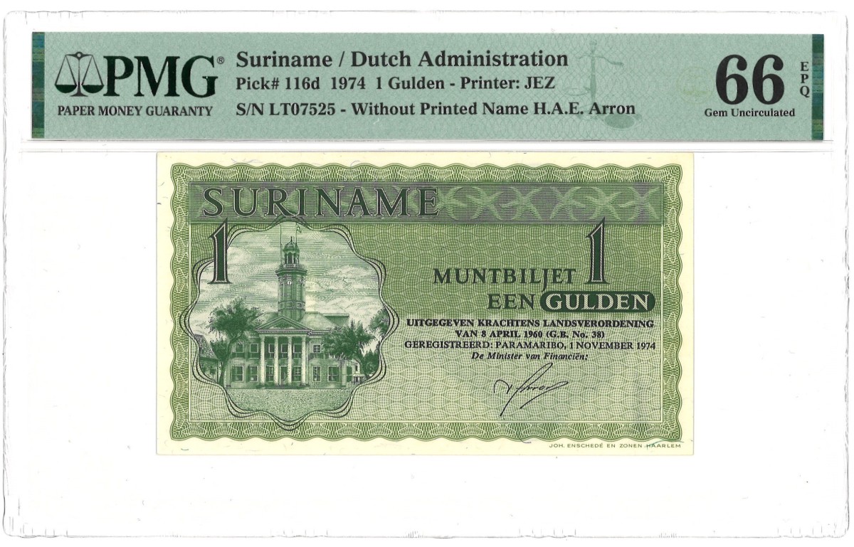 Suriname. 1 Gulden. Banknote. Type 1974. - PMG 66EPQ