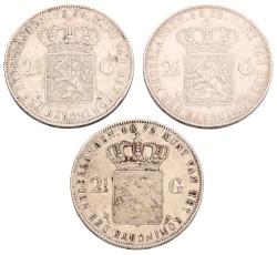 Lot (3) 2½ Gulden. Willem III. 1866/69/72. Zeer Fraai.