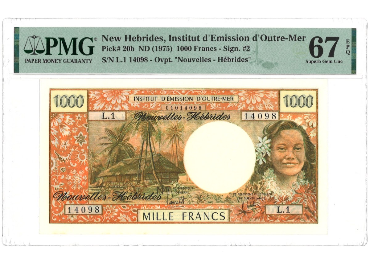 New Hebdrides. 1000 Francs. Banknote. Type 1975. - PMG 67EPQ